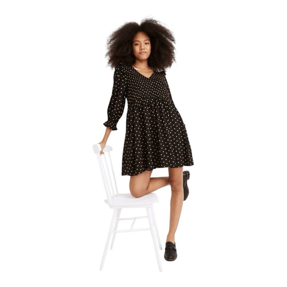 Madewell Lucie V-Neck Smocked Mini Dress in True Black Oval Dot. Size Medium. - Picture 2 of 10